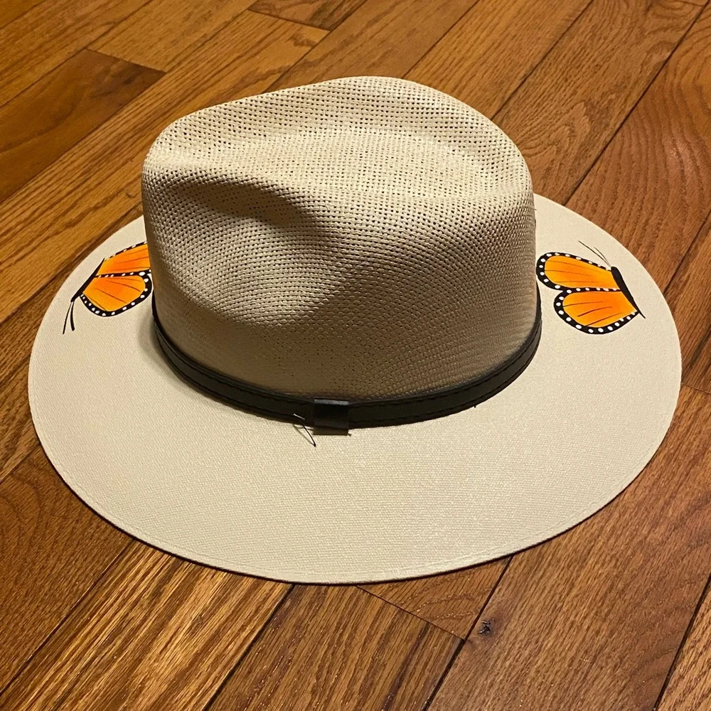 Womens 100% Canvas‎ Made in Mexico Hand Painted Butterfly Panama Hat Medium NEW